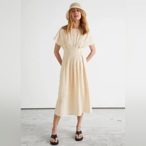 & Other Stories Pale Lemon Cream Fitted Waist Wide Sleeve Midi Dress 36